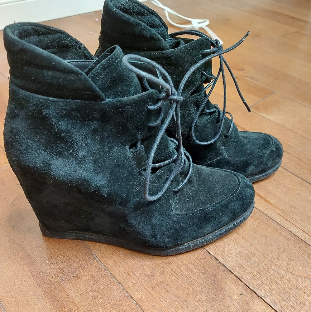 Stuart Wietzman Suede Leather Lace Up Wedge Booties Black Size 9